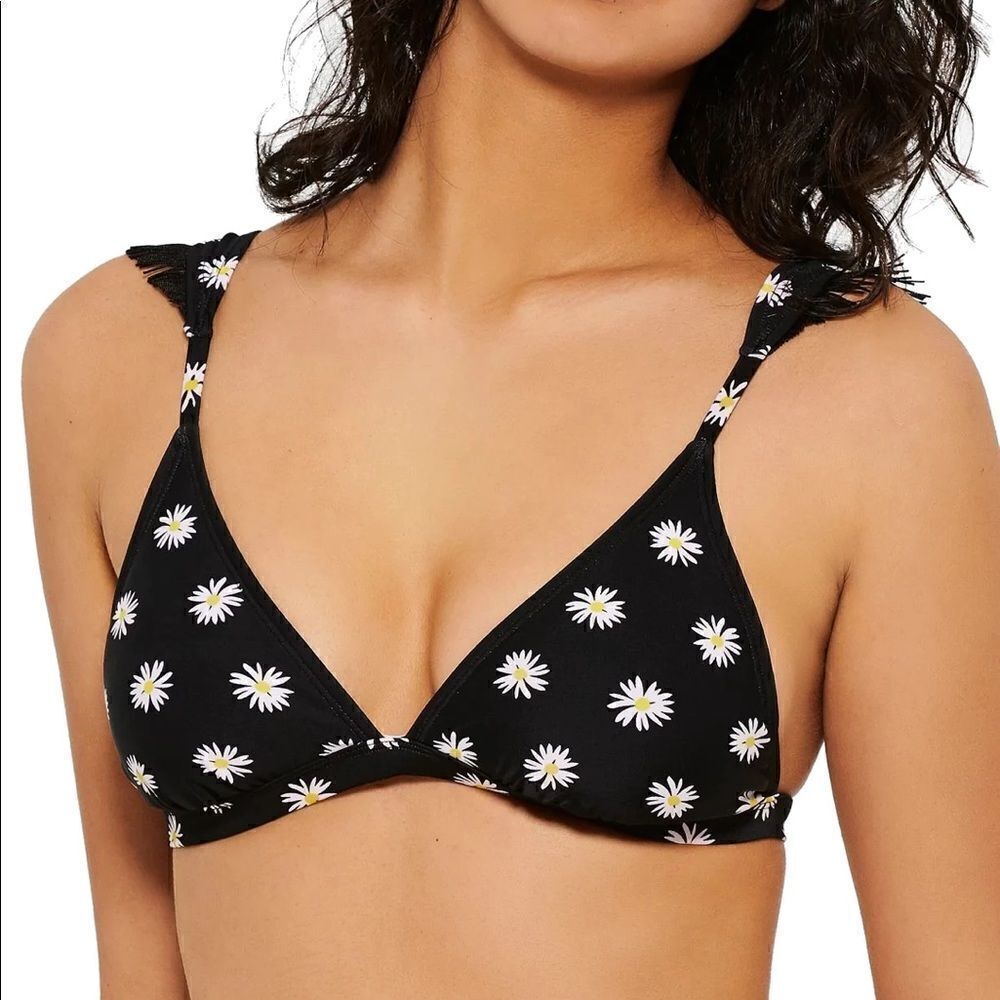 Hula Honey Swimwear Black Daisy Printed Triangle Bikini Top Medium NWT